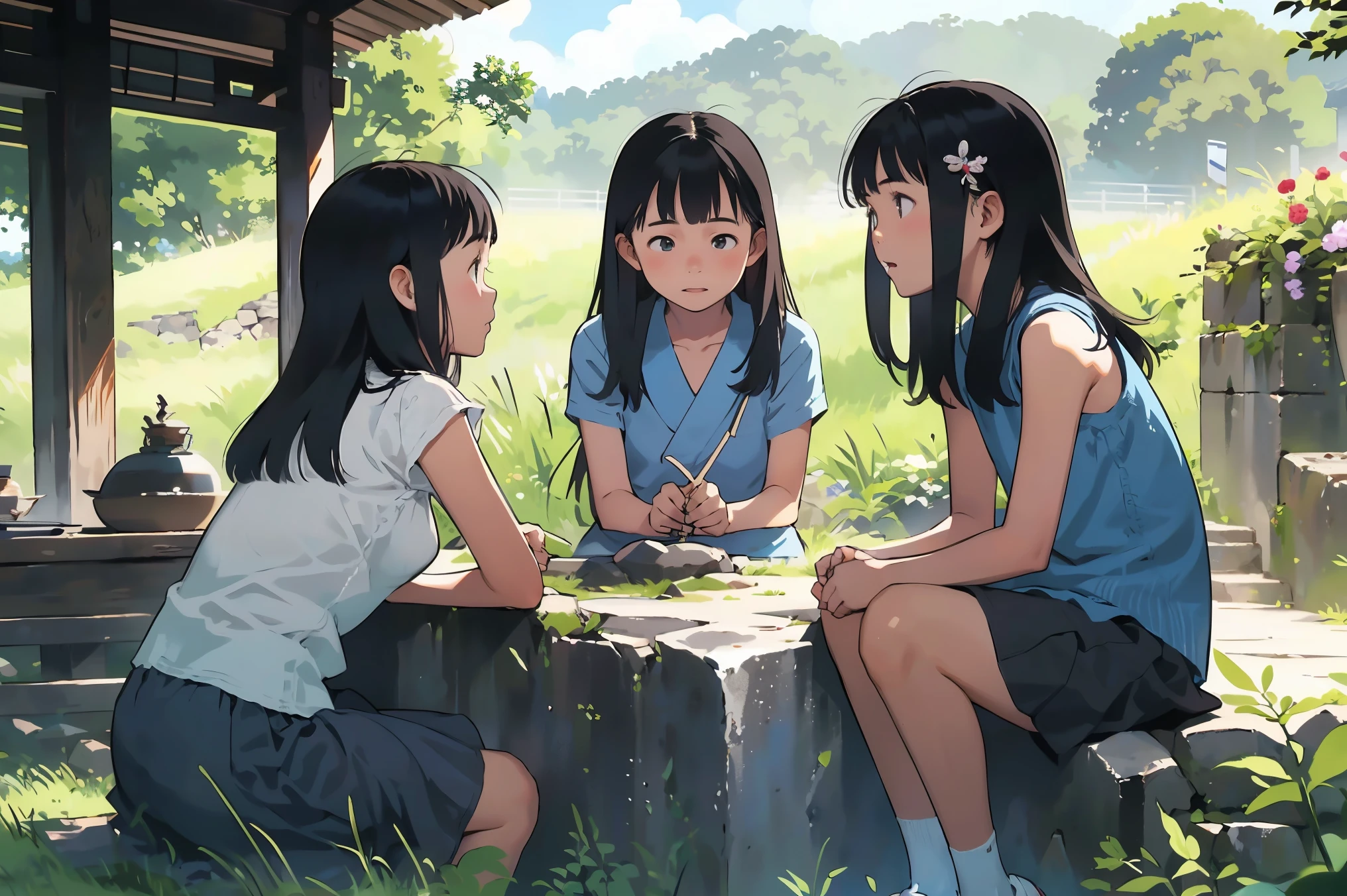 masterpiece, Highest quality,plural, Three Girls, (On top of the stone walls of a Japanese castle ruins)、Black Hair, short hair、Long Hair, Hair ties, hair band, hair ornaments, Straw hat、Shorts, skirt、dappled daylight、Outdoor, nature, wood々、 Grassland、countryside、Suburban、