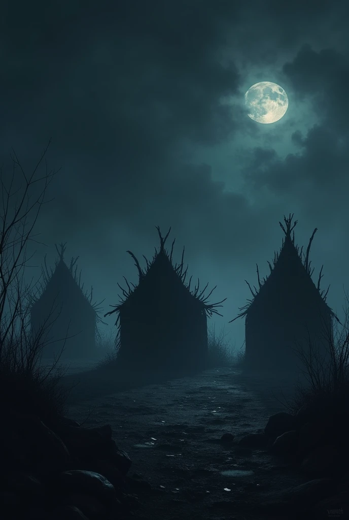 Burnt huts in the dark of night