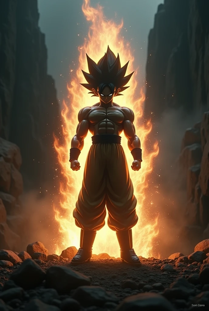 The silhouette of a supersayyin in a dark place