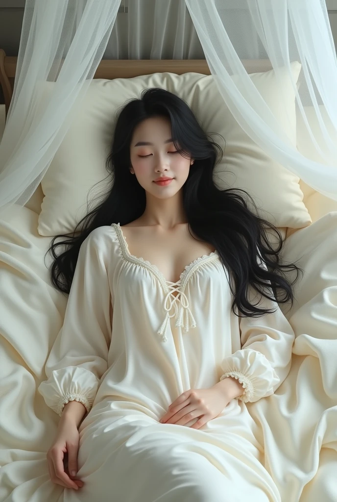 On the bed, there is a mosquito net around the sides. A beautiful, gentle young woman is wearing a long-sleeved, light-colored nightgown. Her long, black hair is flowing. Her eyes are closed, she is happy, and she is covered with a fluffy white blanket. Oil painting, three-dimensional painting, art section, Professor Chalermchai.
