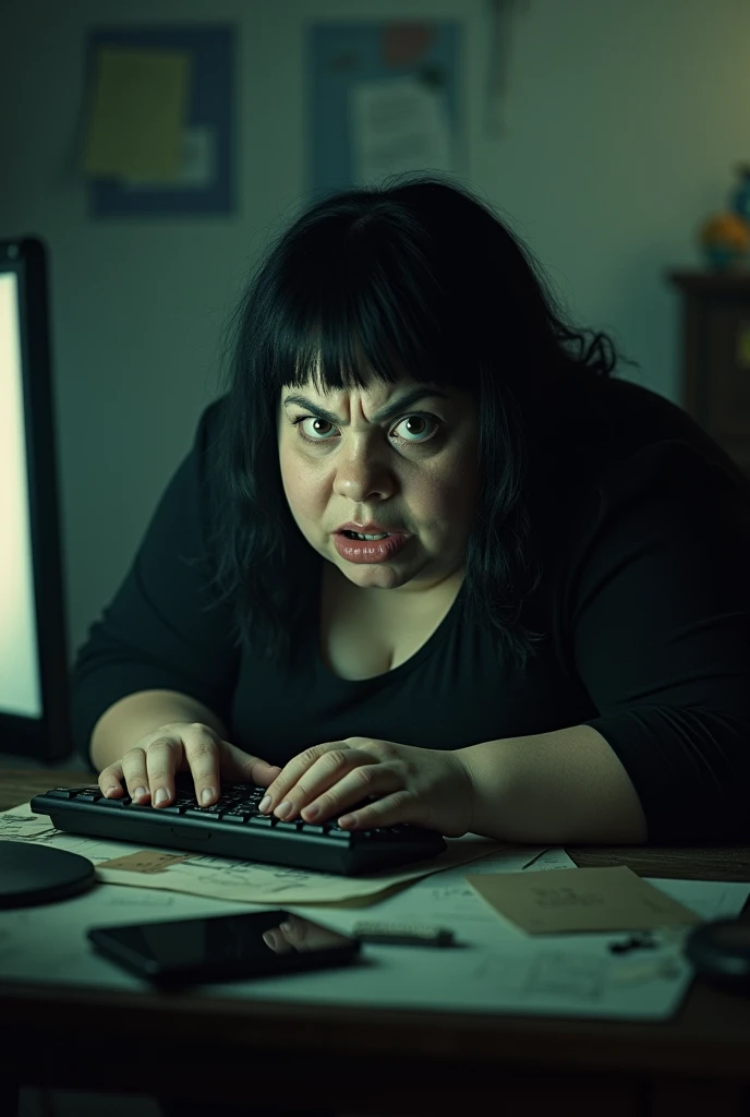from TimBurton Animation 1girl, Bertonsk, general plan, gothic, blurred, blurred background, gloomy room, glowing monitor screen, mobile phone, keyboard plump ugly woman 3, with chubby hands with an angry expression on her face, black hair, wide open bulging eyes, typing on the keyboard,