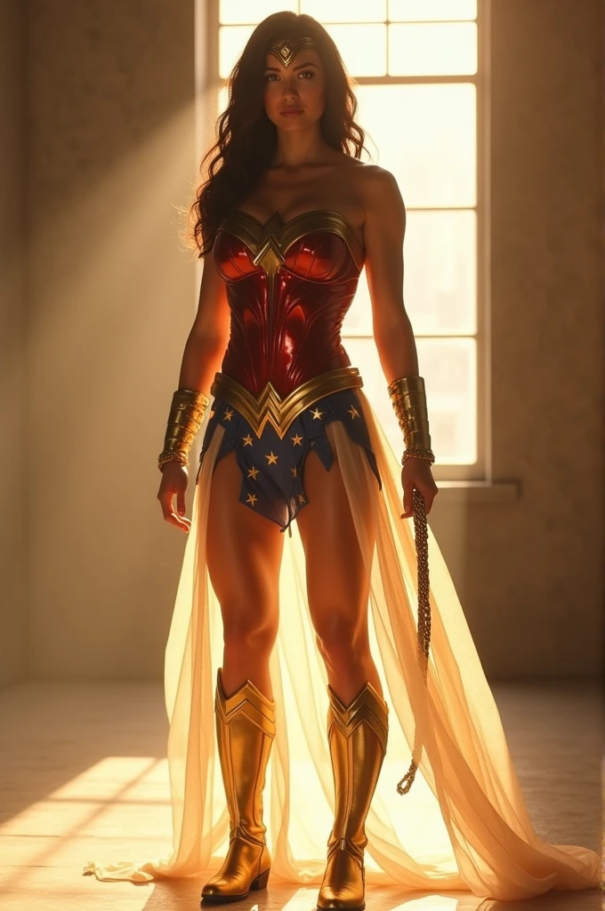 Create Wonder Woman with transparent clothing in a room on a sunny day