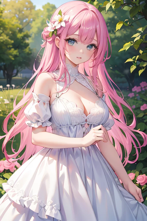 a young girl with pink hair and green eyes, beautiful detailed eyes, beautiful detailed lips, extremely detailed face, long eyelashes, beautiful delicate facial features, wearing a colorful dress, standing in a lush garden with flowers and butterflies, (best quality,4k,8k,highres,masterpiece:1.2),ultra-detailed,(realistic,photorealistic,photo-realistic:1.37),vibrant colors,natural lighting,fantasy,ethereal,whimsical