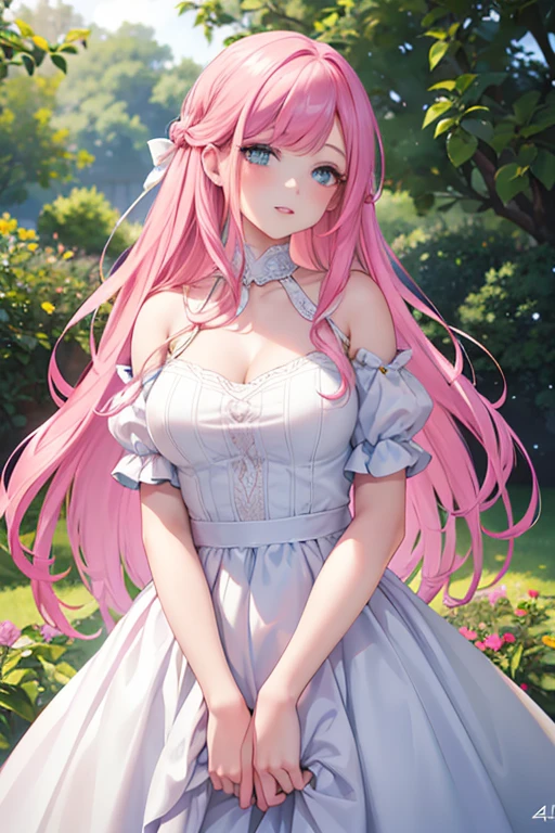 a young girl with pink hair and green eyes, beautiful detailed eyes, beautiful detailed lips, extremely detailed face, long eyelashes, beautiful delicate facial features, wearing a colorful dress, standing in a lush garden with flowers and butterflies, (best quality,4k,8k,highres,masterpiece:1.2),ultra-detailed,(realistic,photorealistic,photo-realistic:1.37),vibrant colors,natural lighting,fantasy,ethereal,whimsical