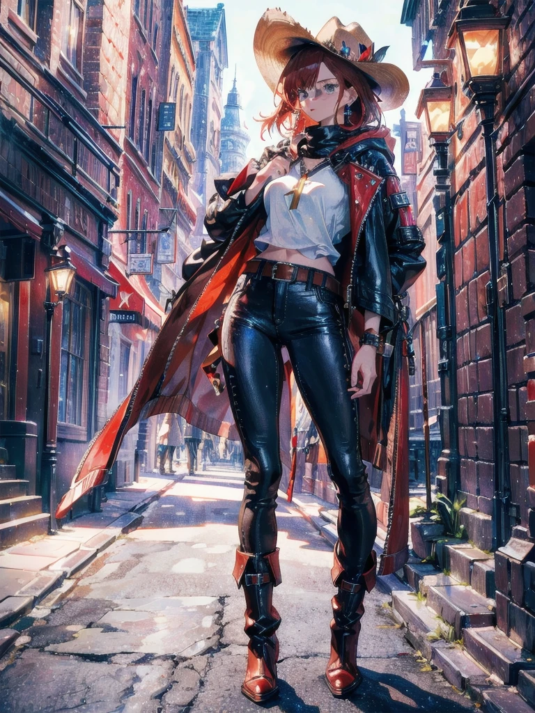 absurdres, RAW photo, extremely delicate and beautiful, masterpiece, Highest Quality, ultra high resolution, 32k, hyperrealistic, realistic, photorealistic, photo-realistic, Real, ultra-detailed, Very detailed CG 8k wallpaper, detailed background, landscape, Beautiful Lighting, Perfect Lightning, Realistic Shadows, perfect anatomy, anatomically correct, ideal ratio body proportions, perfect figure, Perfect Style, Perfect balance, super Detailed skin, in her 30s, very Slim body, narrow waist, very small head, very small face, delicate facial features, handsome detailed woman, very detailed eyes and face, realistic face proportions, Realistic beautiful face, Realistic beautiful eyes, tearful mole, earring, whole body shot, very huge round tits, medium hair, asymmetrical hair, red hair, cool cowgirl, fantasy adventurer, cowboy hat, decorated hooded armor jacket, cross belt, Brown leather pants, Red leather long boots,