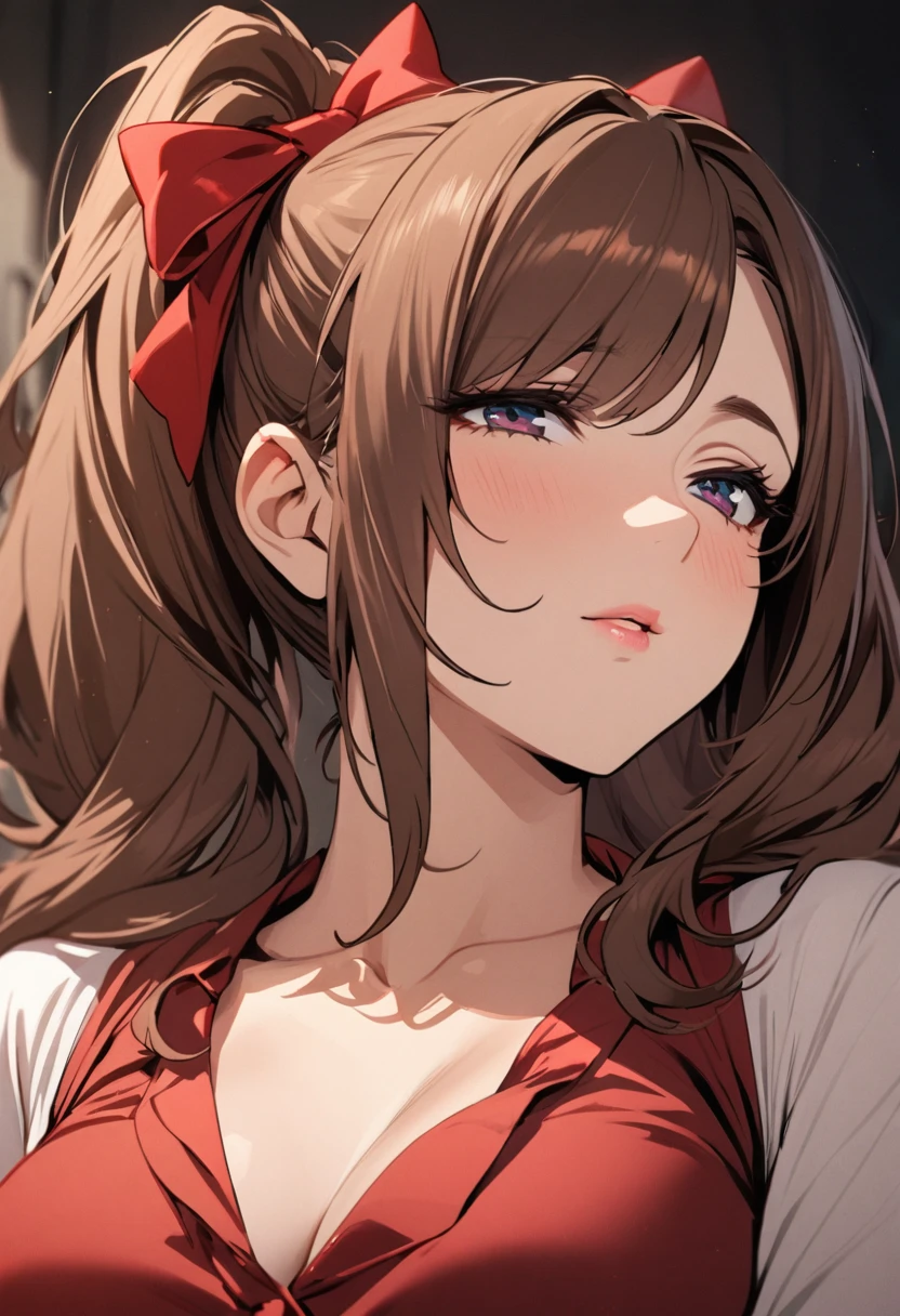 Solo, 1girl, Long Hair, brown hair, mature, red bow, high detail, beautiful eyes, beautiful color, adult, ponytails, half eyes