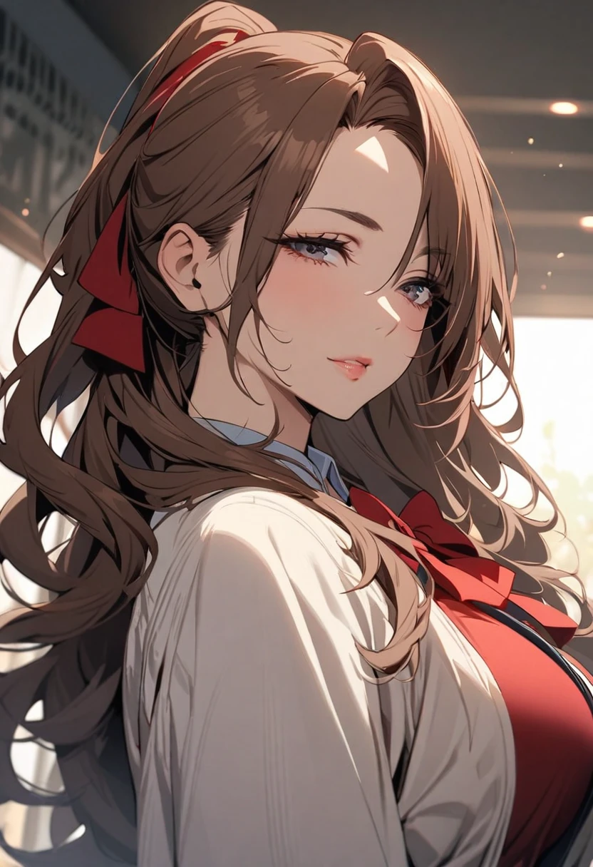 Solo, 1girl, Long Hair, brown hair, mature, red bow, high detail, beautiful eyes, beautiful color, adult, ponytails, half eyes