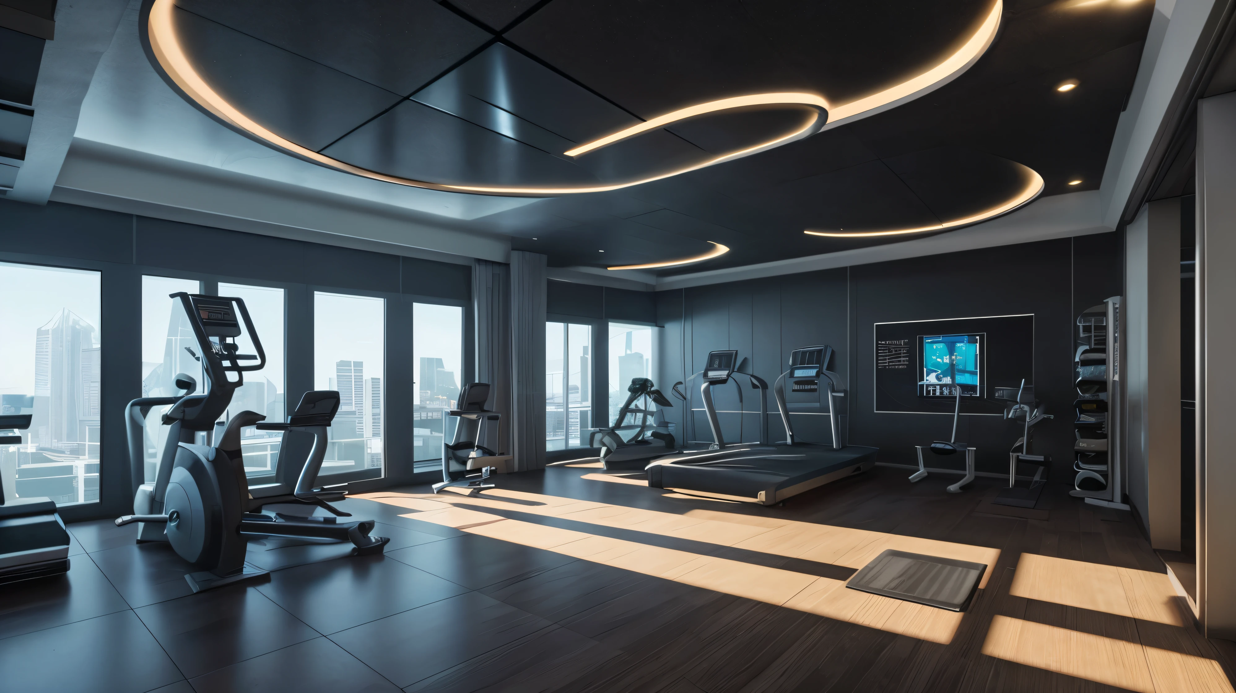 scifi, futuristic home gym, architectual, space design, cyberpunk, futuristic, hightech, hard-surface design, daylight, much tech, much electronic, very cozy, ambient light, realistic view, wide angle, year 2124