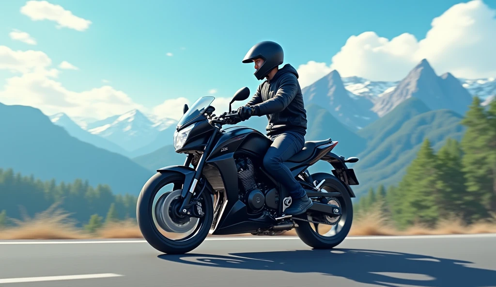 Ilustrasi anime 3D, A 20-year-old, thin, 1.80-meter-tall young man, with his black Honda sport CB1500cc motorcycle, wearing a complete black jacket with a sports helmet. The background shows mountains in the distance. The main character seems to be enjoying his ride.
The Honda CB1500cc motorcycle is driving slowly, the camera takes an angle from behind, showing a calm and comfortable ride.