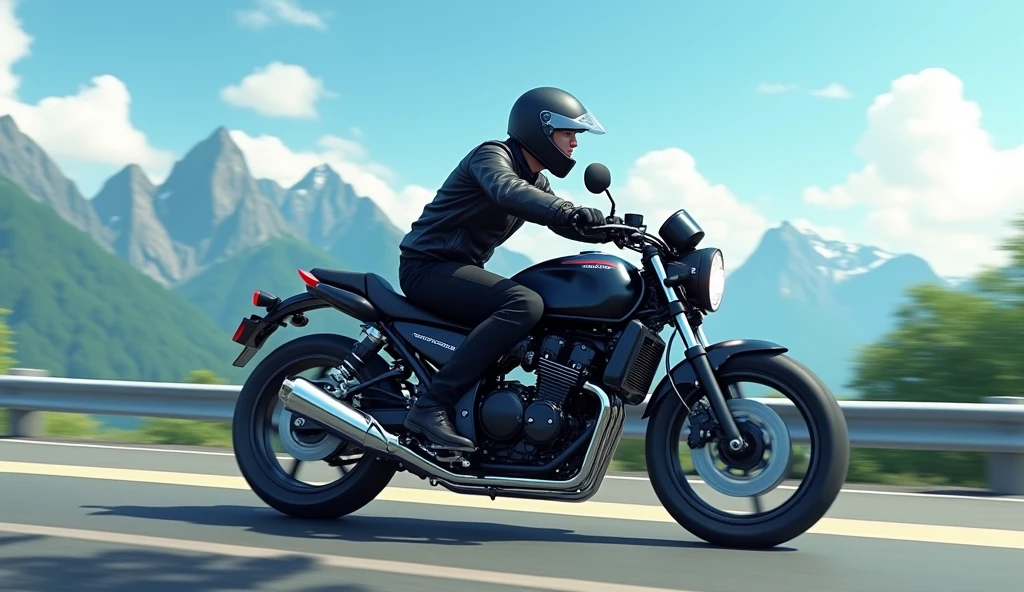 Ilustrasi anime 3D, A 20-year-old, thin, 1.80-meter-tall young man, with his black Honda sport CB1500cc motorcycle, wearing a complete black jacket with a sports helmet. The background shows mountains in the distance. The main character seems to be enjoying his ride.

The Honda CB1500cc motorcycle is driving slowly, the camera takes an angle from behind, showing a calm and comfortable ride.