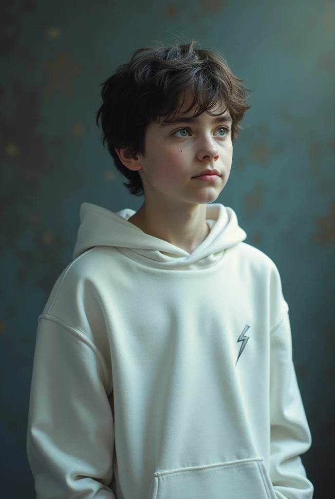 harry potter with his scar wearing a white sweatshirt
