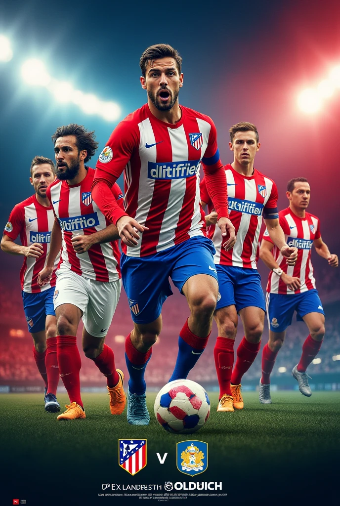 An advertisement for a football match with the details of, Atletico Madrid vs Goldfinch, hour 10:30