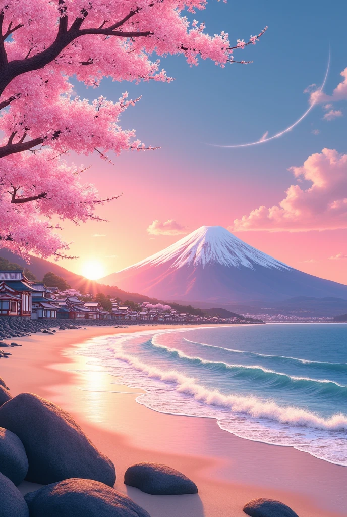 1080 x 2400 pixel. beach. pink cherry trees. sunset. fuji background. japaneese houses surroundinds