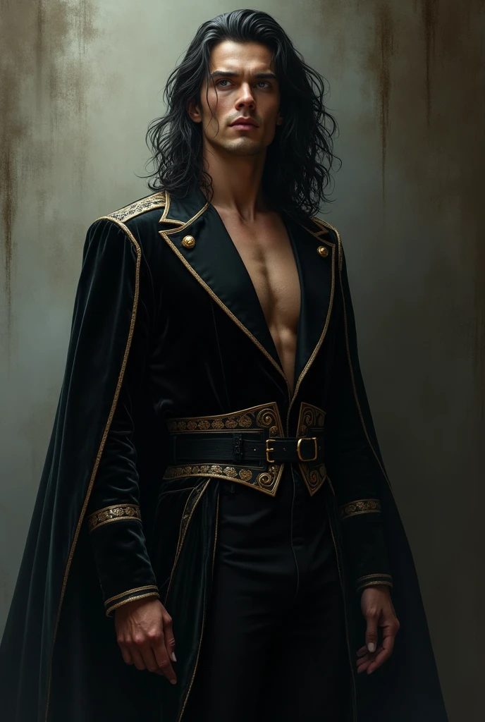 Tall male in the ageOf course. So with all this in mind, the complete description of this man's appearance would be:
Tall male in the age range of 25-40, with long, dark and wavy hair, and a strong athletic physique. Fair skin, athletic-muscular build, and pale or white colored eyes. Extremely sexy and hot, attractive. A black and gold velvet outfit, although not very protective, probably expensive-looking, with a permanent and thick black shadow aura surrounding him. The aura is very strong and people can touch it.