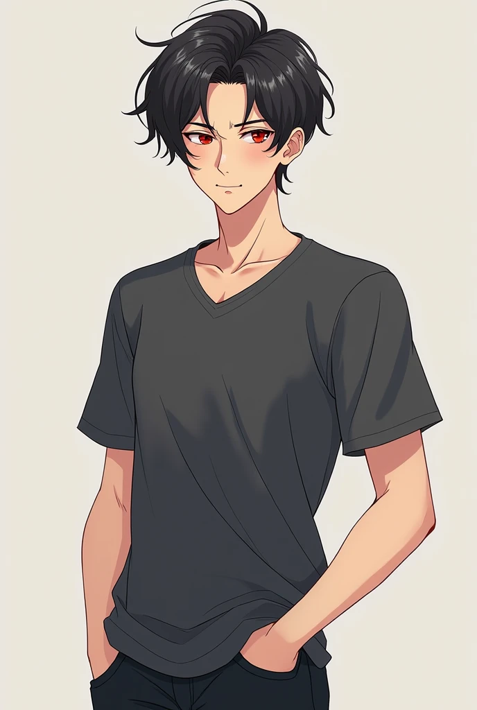 show me handsome manhwa boy.black hair with red eyes. full body.with shy and cute smile. 25year boy.with manly charm.  change the face. add shy smile 