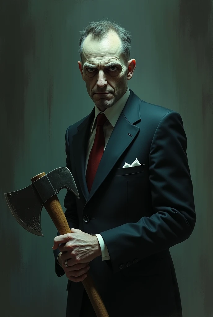 Create art for a villain in a movie I'm creating.
He has short hair, the skin on your body is extremely pale, his left eye has cataracts and he's wearing suits and he's using an axe. Make art convey your psychopathic nature.