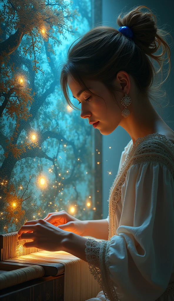  a young woman with an expression of intense focus and creativity, sits at an ornate loom. The tapestry she weaves is vibrant and alive, featuring threads of stardust, moonbeams, and the whispers of wind. The tapestry depicts shifting scenes of magical landscapes and fantastical creatures. The background glows with soft, otherworldly light, reflecting the magical essence of Vyrelyn.