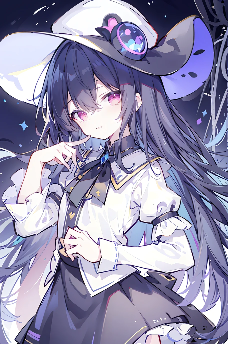 oung Girls,Humanity,A magician always smiles,big witch hat,cute,dark blue long hair,The eyes are dull,The bangs are heavy,Thin eyebrows,fantasy,intake,Double teeth,Star Theme,Constellation pattern,Solid color clothetal decoration,cloak,A bit of a dark atmosphere,A little crazy smile,When the big moon shines outside at night,blood,Hair black star embellishment,Short tie,No nails,High waist skirt,Bell sleeves,Long-sleeved shirt,Black tie,low risk,gentlemen。Mist、Yellow and white effect，Shocking pink as an accent color