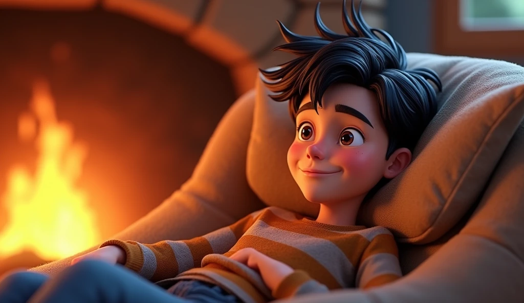 Please create an illustration of handsome animation boy multi colour in 3D animation style. It’s taking a rest in its favorite spot by the fire and smiling.