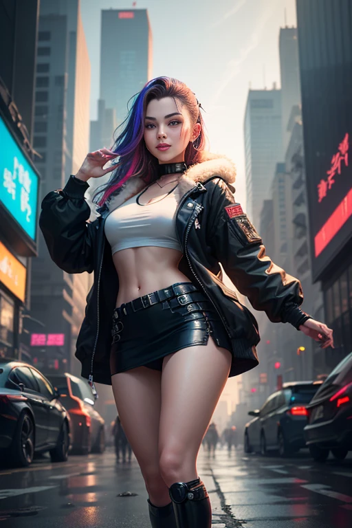 (RAW Photos, The best quality at its best, masterpiece:1.2), (Actual, photo-Actual:1.4),(masterpiece:1.4),(The best quality at its best:1.4), ((Cyberpunk Girl)), ,Short length white shirt，Fur-trimmed down jacket with open hood，Super Skirt， ((Dynamic Pose)), (((Cyberpunk cityscape background))), Hair Intake, ((Shapeless long hair)), View your viewers, smile, (((Upper Leg间隙))), Upper Leg, Very long hair, Multicolored Hair, Alice \(Nod\),(Glowing Skin),Actual.