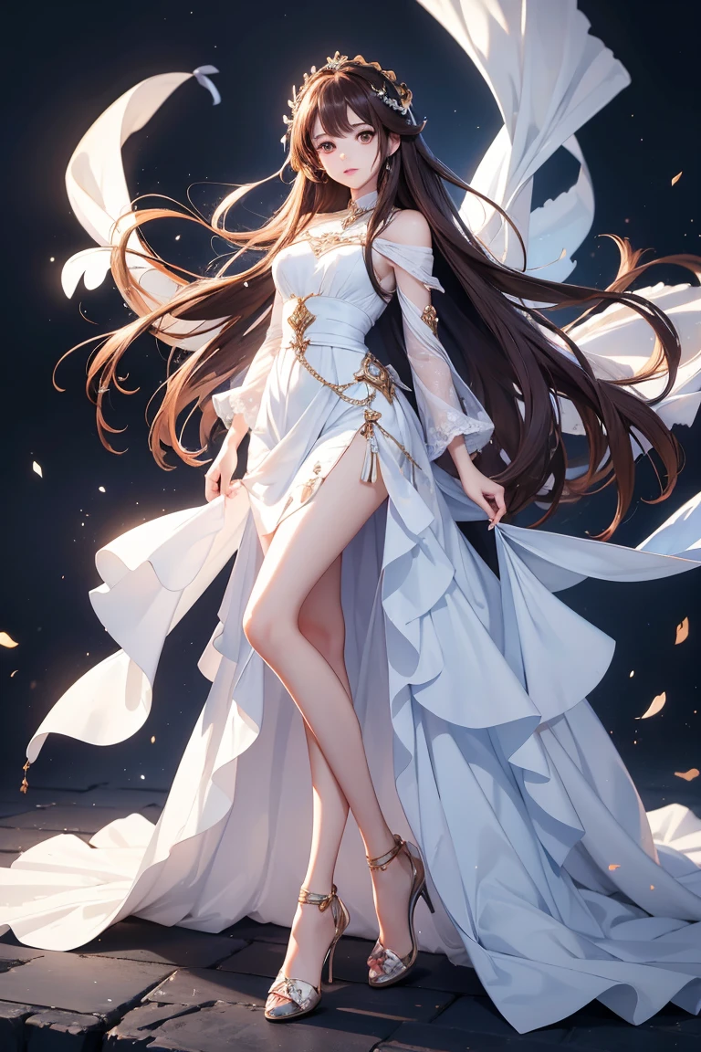 Unrequited Goddess Masterpiece, Best quality, 1 Female, young girl, Sister, brown eyes, long hair, smoky mix brown color hair, resolute eyes, white mix blue dress, long white eardrop, morden, frontal photo, blank background, remove background, anime, illustration, full body
