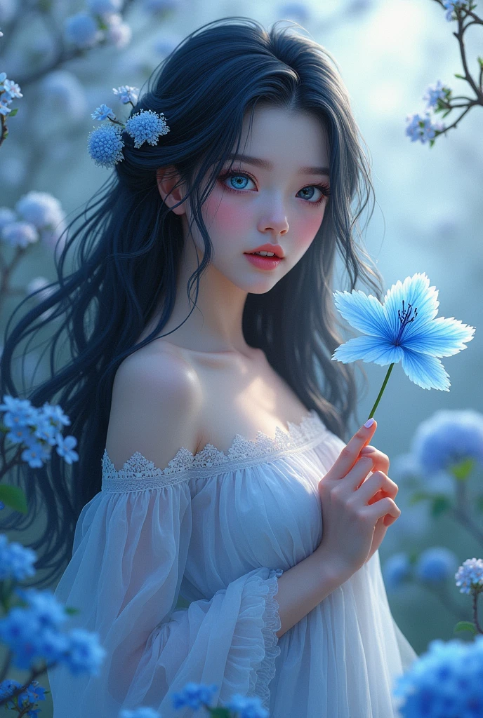 A girl with flowing jet black hair, wearing a dress. Both of his eyes have different colors, one is black and one is blue. Holding a blue spider lily flower, looking at him with a warm smile. There are cherry blossoms around it, Blue Hydrangea, and forget-me-not flowers. Be in a cool place, calm, and peace.