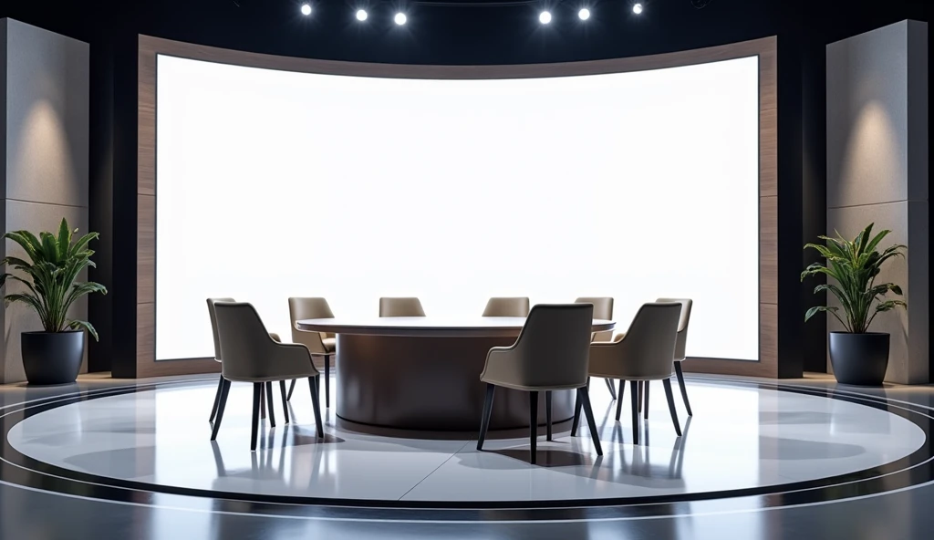 A close-up of a TV talk show set similar to 'Hon Krasae,' featuring a round table with several chairs around it. Behind the table is a large, blank screen ready for custom graphics. The studio is well-lit, with a modern design, emphasizing the table, chairs, and screen.