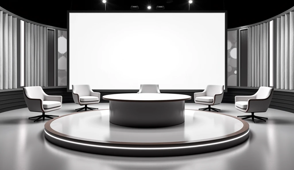 A close-up of a TV talk show set similar to 'Hon Krasae,' featuring a round table with several chairs around it. Behind the table is a large, blank screen ready for custom graphics. The studio is well-lit, with a modern design, emphasizing the table, chairs, and screen.
