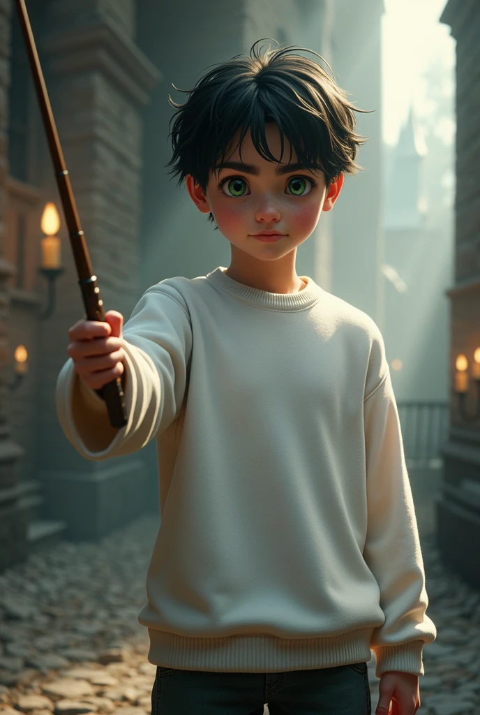 harry potter with wand wearing a white sweatshirt