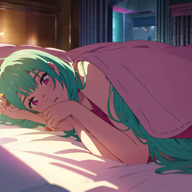 Highest quality images, anime style ilustration, neon pink eyes, very detailed background, perfect lighting, Whole body, Side Shot, a young woman, 20 years, height 171 cm, alone, long mint green hair, white-colored pajamas, She is lying face down on the bed,  In his bedroom, holds his cell phone, She has red-face