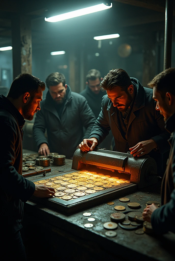 Stark and other accomplices working on counterfeiting coins, Placing metal plates in the press



