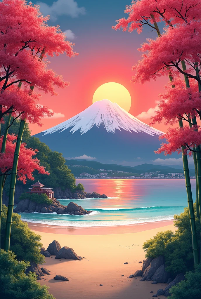 1080 x 2400 pixel. beach. red cherry trees. green bamboos. sunset. fuji background. japaneese houses surroundinds