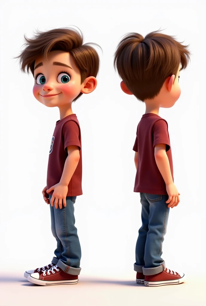10-year-old boy Noah, with fair skin, short light brown hair. It has large, curious blue eyes. Wearing a simple maroon t-shirt, jeans and maroon all star sneakers, sitting on the floor, wide shot, front view, side view and back view white background Disney pixar style