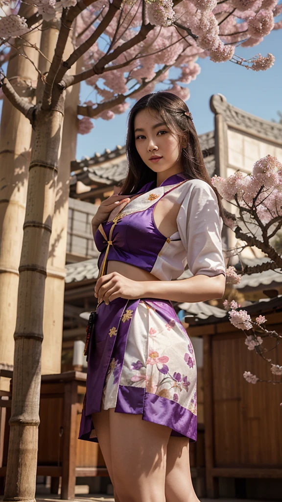 A young woman in a Tang Dynasty costume stands holding a fan and dances. Many bamboo trees, plum trees, and plum blossoms are flying. Behind her is a large moon.