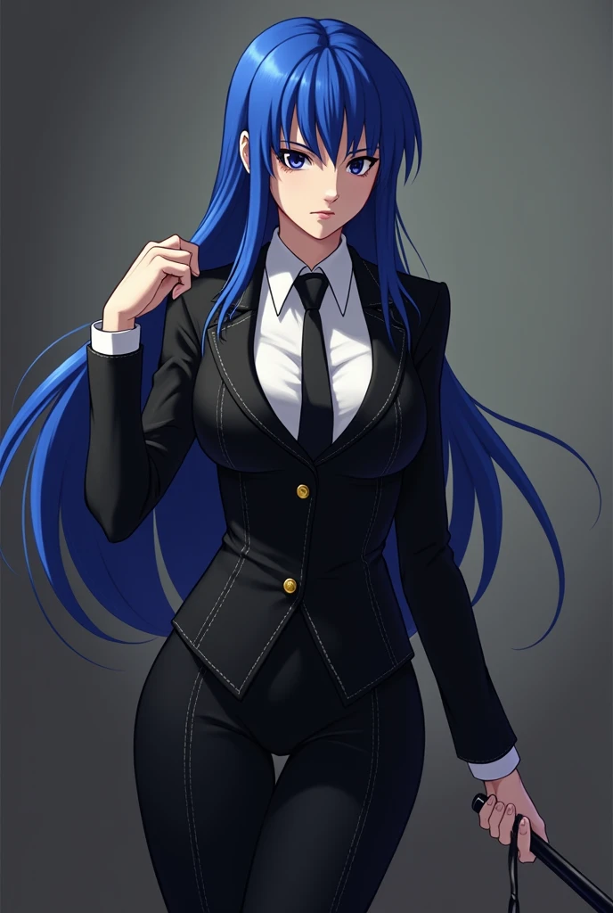 Franziska von Karma with blue hair, wearing black dress with black vest and holds a whip