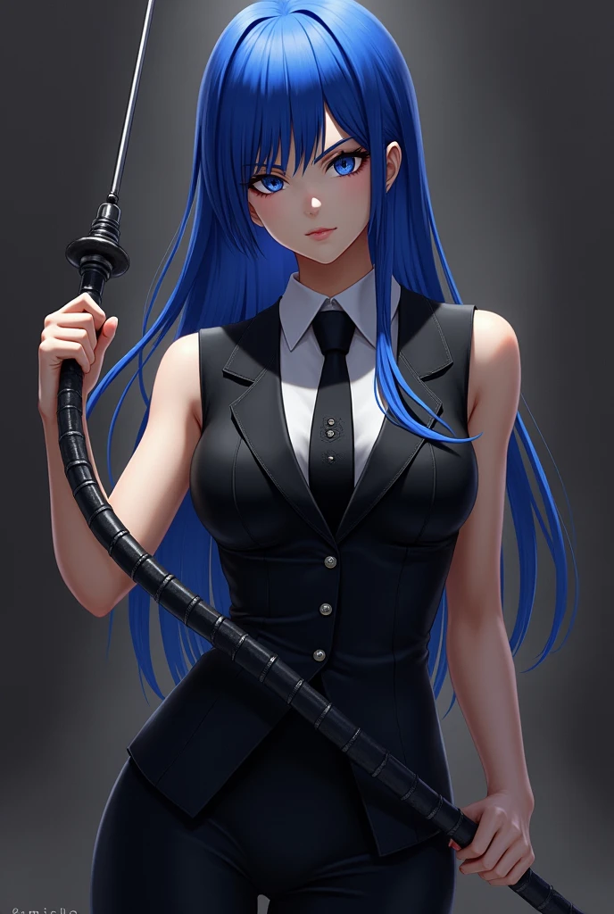 Franziska von Karma with blue hair, wearing black dress with black vest and holds a whip
