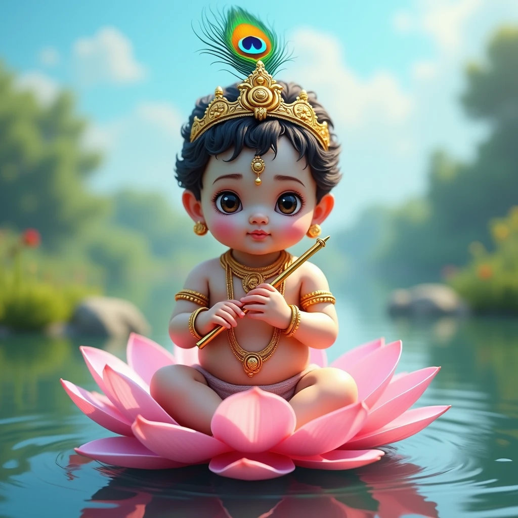 Realistic image of Lord krishna as a 1 year old baby boy sitting on a pink lotus in a pond, bright blue sky, wearing a golden crown with a peacock feather in it,holding a flute in his hand , bright and beautiful image, normal human face and normal human eyes, no animated eyes to be seen,create high quality realistic image, eyes facing straight at the camera, image should ultra clear, realistic, high quality