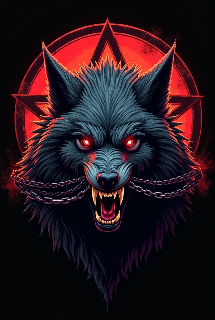 Logo of a hell wolf with chains tied to its mouth and a pentagram behind it that says hell wolves 
