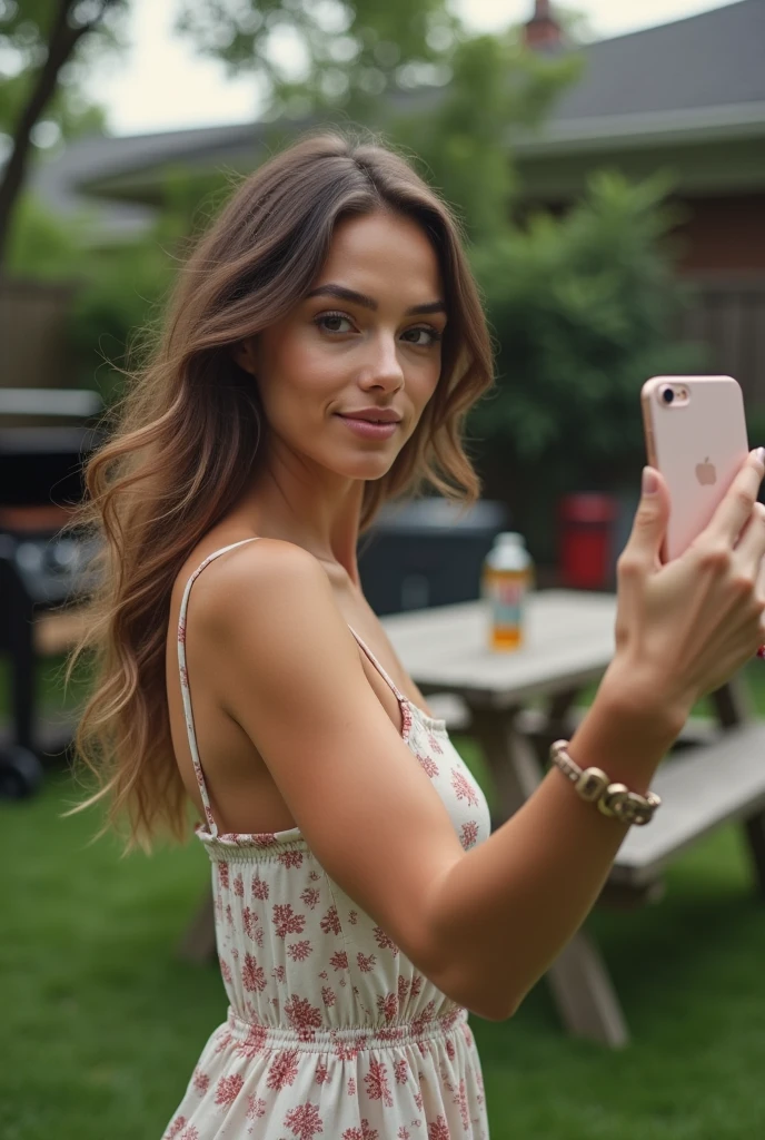 A beautiful woman taking a selfie at a barbecue... but the photo looks realistic,as if a person actually took it with his camera,and the photo doesn't look so lively
