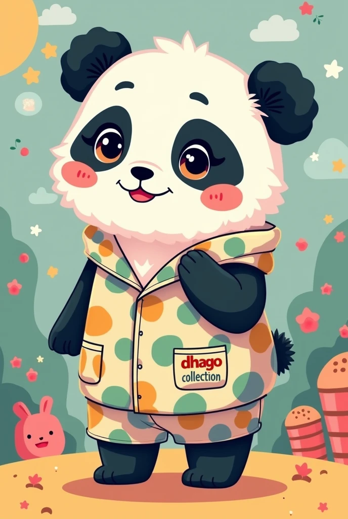 A mascot panda wearing a cute pjs set and in PJs set writen dhago collection in pocket side also some colorful cartoon