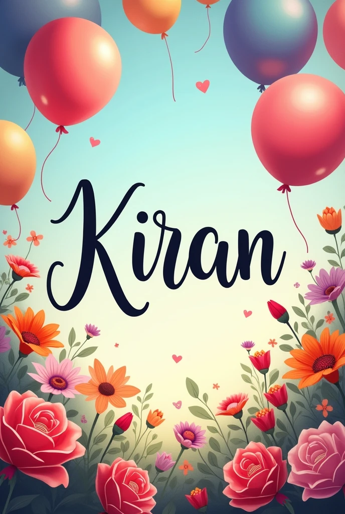A image with written Kiran with flowers and balloons