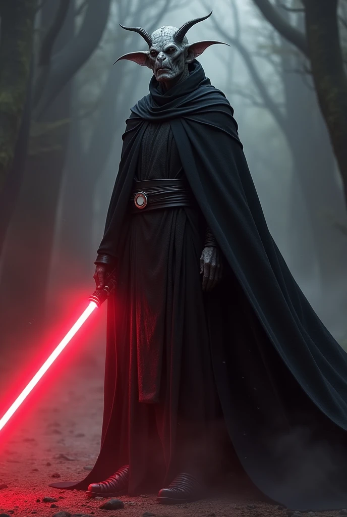 A Sith from Star Wars, grey scaly skin, small horns on the head, black cape, dark atmosphere, frightening, scary, red lightsaber, ultra-realistic