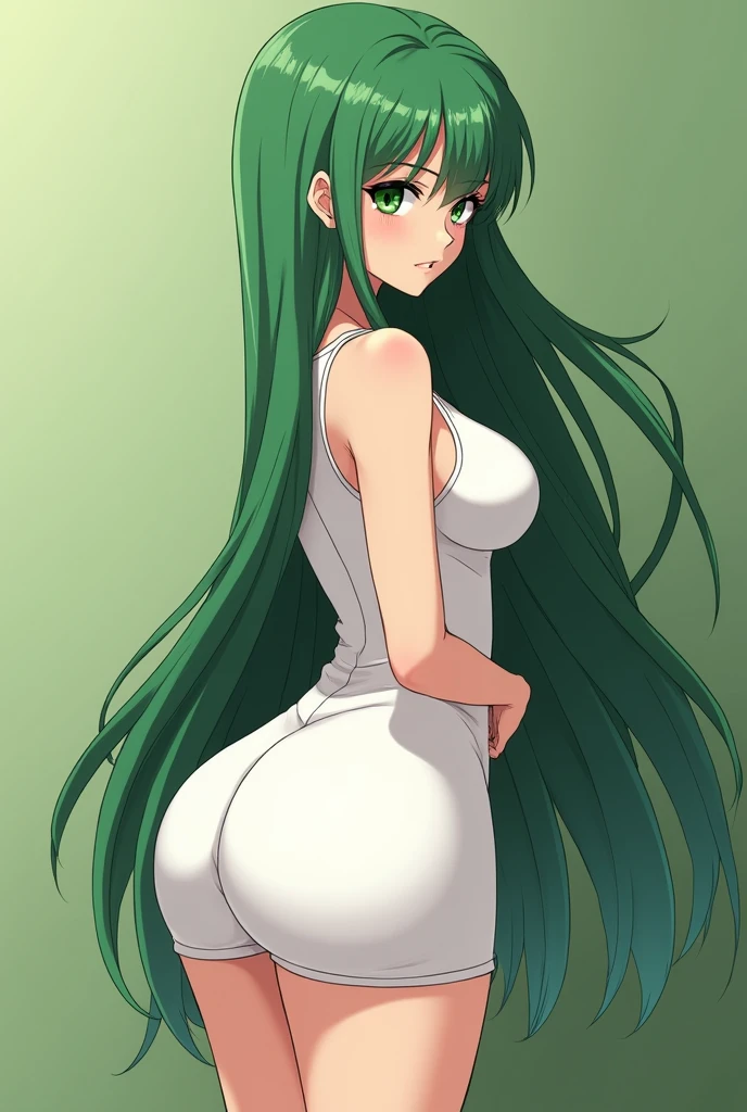 (girl1),(woman1),(Solo portrait of a girl:1,5),(slender body),(structured),(hot),(mature and sexual body),(big ass), (mature and sexual body ), (slender body), (physical attributes such as large breasts and ass), (anime), (white skin color), (super mega hyper gigantic breasts: 1.5), (with long green hair), (green eyes ),(an 18 year old woman, with white socks),(wearing),+,(and a sexy dress, dressed in a heroine costume consisting of a white sleeveless jumpsuit with a super short white skirt that is tight and straight at the back front and straight at the back breast size, they are size AA+),(Super short skirt:1.5),(Anime), (BNHA animation style)