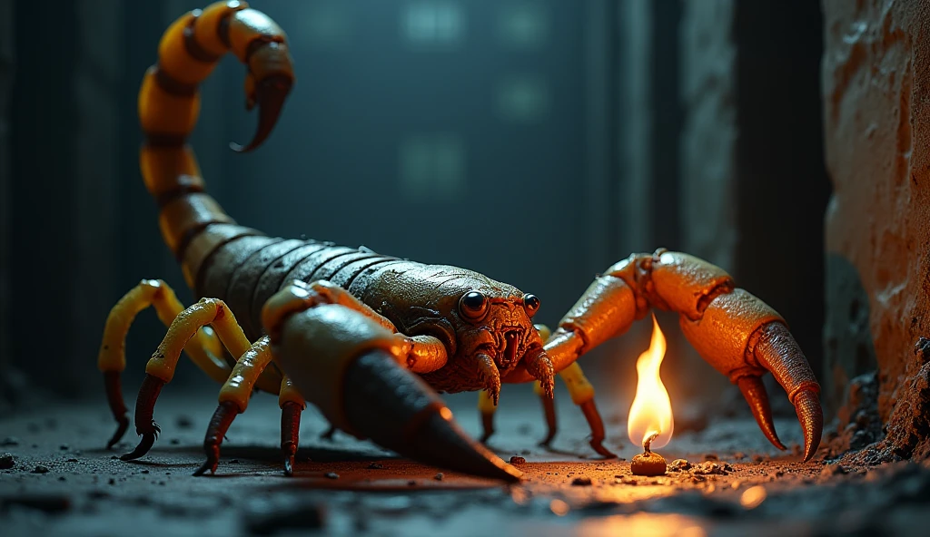 A huge scorpion, with sharp claws and raised tail, ready to attack, illuminated only by the light of a match. The dark and gloomy cell is faintly drawn in the background.