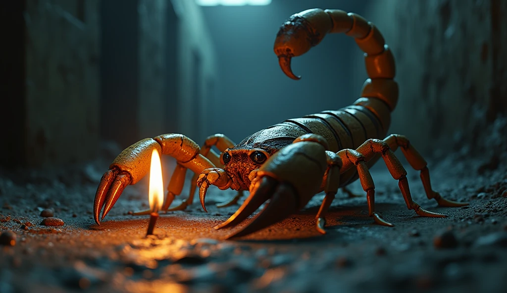 A huge scorpion, with sharp claws and raised tail, ready to attack, illuminated only by the light of a match. The dark and gloomy cell is faintly drawn in the background.