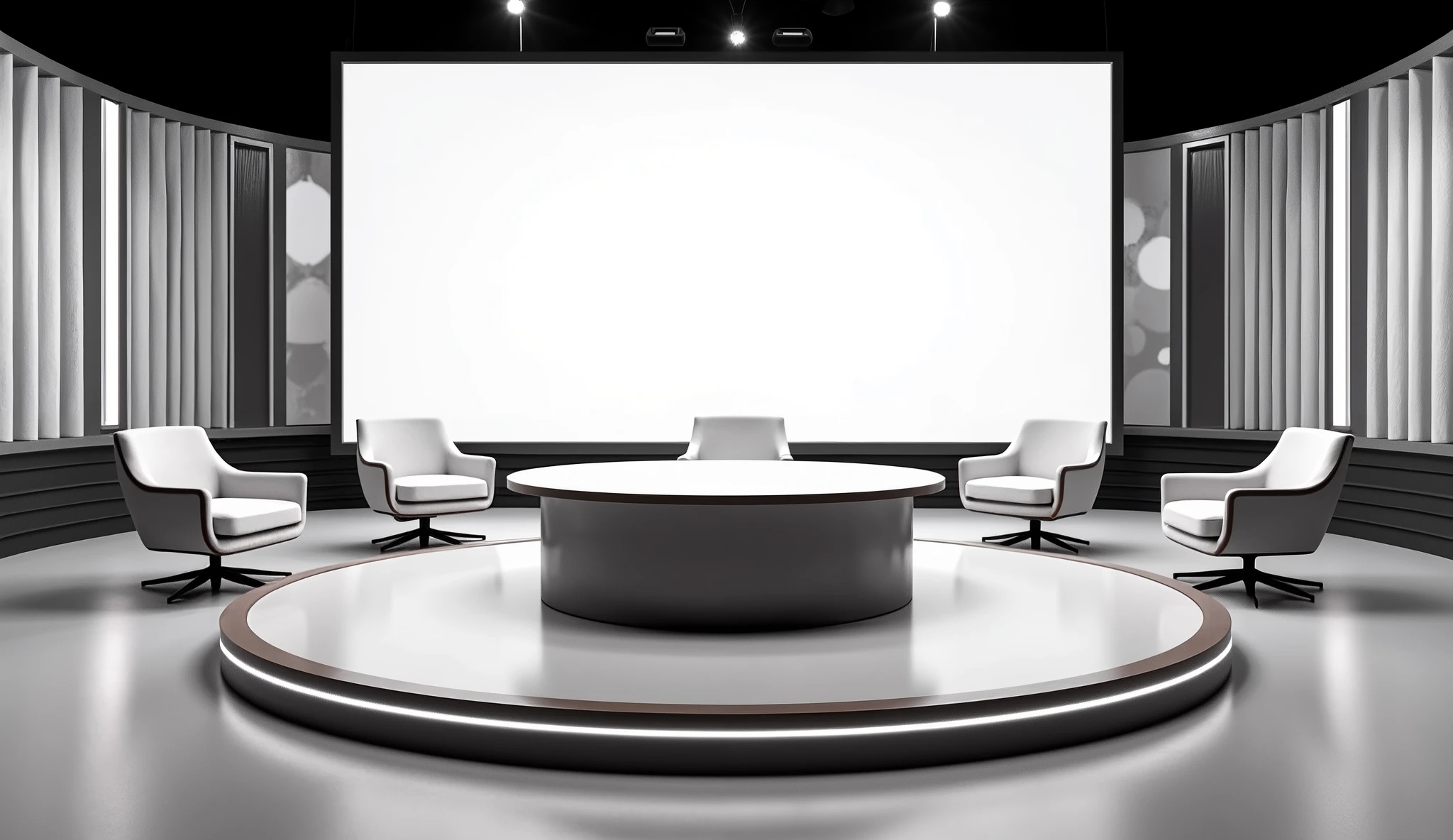 A close-up of a TV talk show set similar to 'Hon Krasae,' featuring a round table with several chairs around it. Behind the table is a large, blank screen ready for custom graphics. The studio is well-lit, with a modern design, emphasizing the table, chairs, and screen.