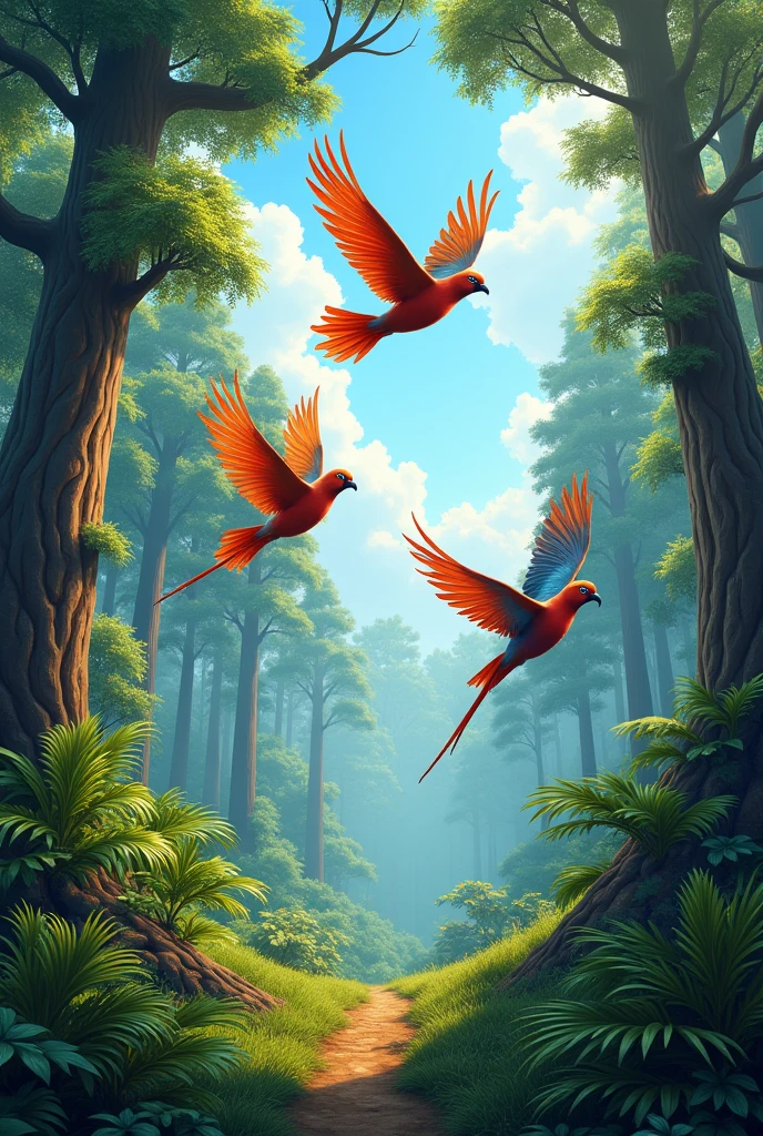 Forest landscape, detailed, realistic, high quality, many details  Three birds in flight, bright colors, many elements