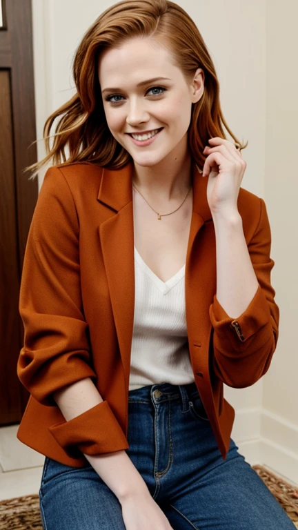 Evan Rachel Wood wearing low-cut fall clothes and smiling