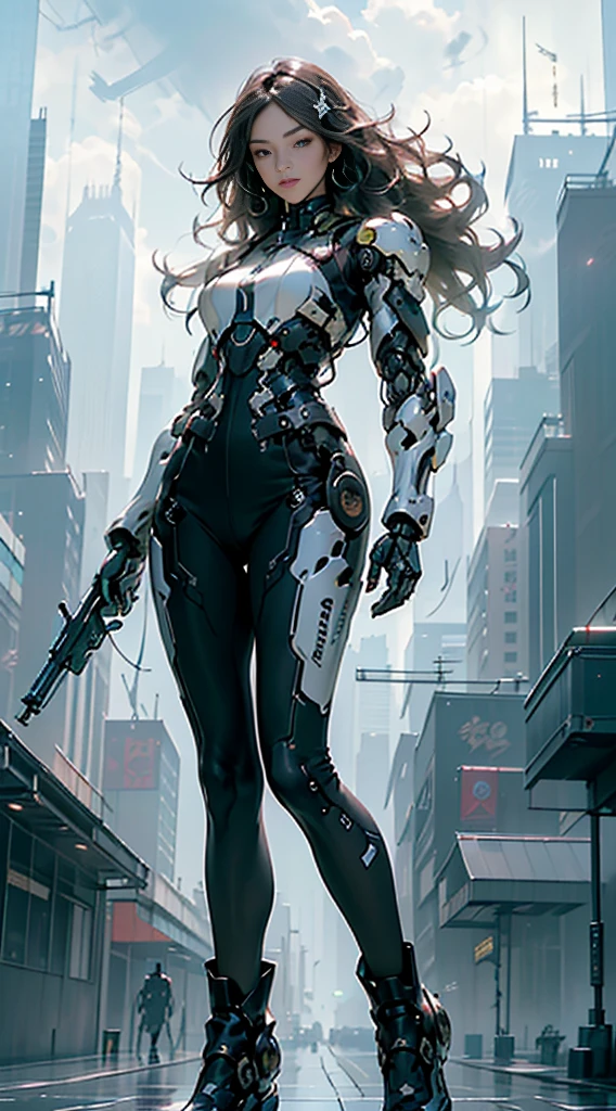 Realistic, High resolution, Female: 1 person, alone, Hip Up, View the viewer, (Detailed face), Gray Hair, ((Cyber Skull + , Pantyhose with long black gloves,Handsome man standing in white boots, Corner Wing、Extravagant futuristic fashion,Floating above the ground,Explore the cityscape,Future Technology,Exquisite craftsmanship,Metal limbs with intricate design,Seamless integration of humans and machines,surRealist,Otherworldly atmosphere,Utopian cityscape as background,Advanced weaponry is built into his body.,It emits a soft and vivid glow,Expressive and attractive appearance,Superhuman strength and agility,Develop a confident and powerful posture,鮮やかな色彩と精巧なディテールを備えたHigh resolutionのポートレート,Hand Gatling、Hands are weapons、Cyborg hands、Gun on shoulder、missile on the back、Missiles on the shoulder、Terminator、Weapons around、laser、Weapons on both hands and feet、Robot behind
