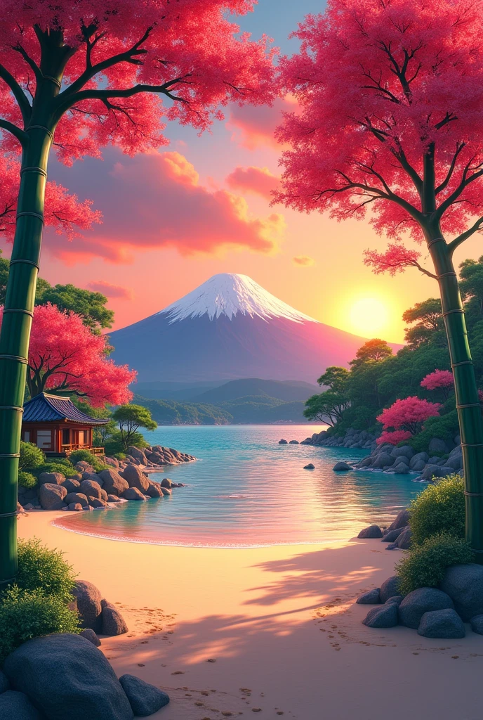 1080 x 2400 pixel. beach. red cherry trees. green bamboos. sunset. fuji background. japaneese houses surroundinds